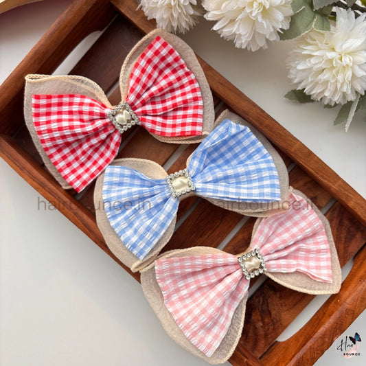 Pastel Gingham Bow Hair Clip with Pearl Frame