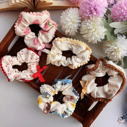 Pastel Printed Pom-Pom Scrunchie Hair Tie