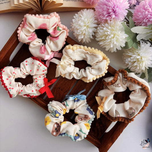Pastel Printed Pom-Pom Scrunchie Hair Tie
