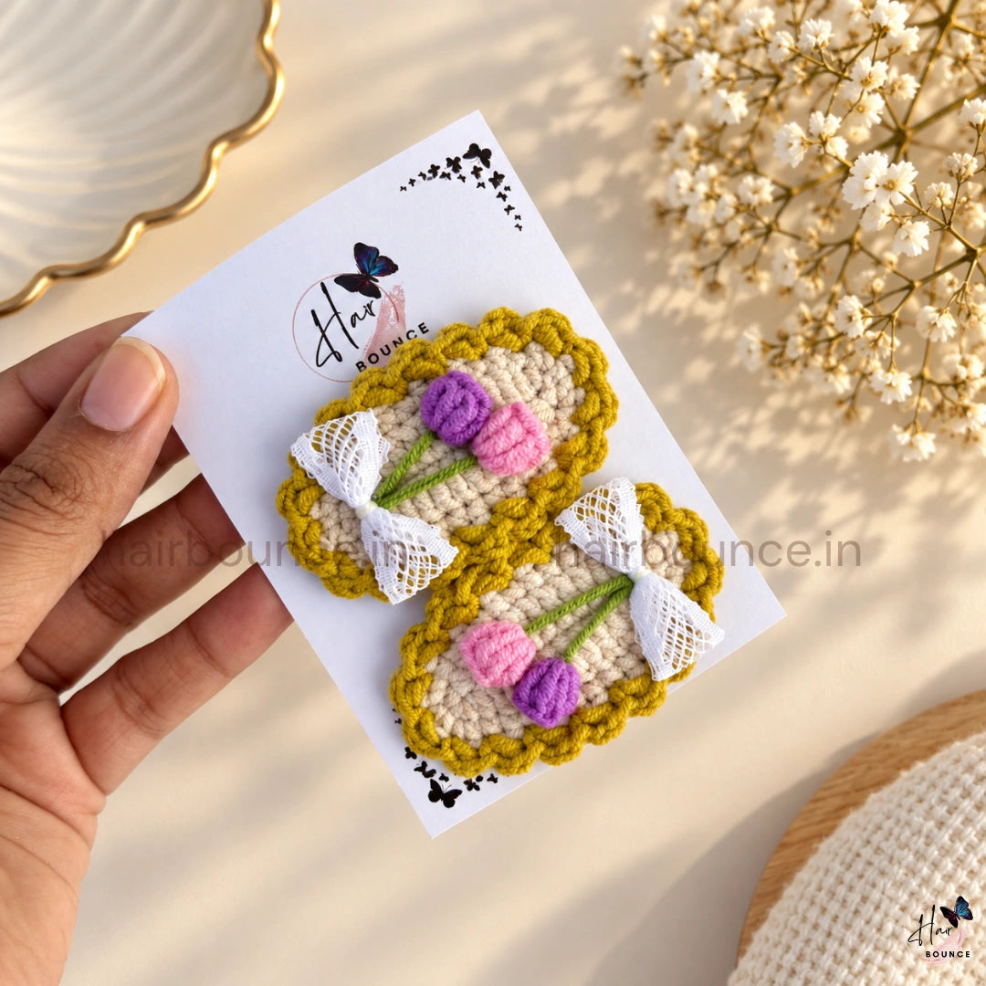 Premium Handmade Crochet Twin Tulip & Bow Tic Tac Hair Clips – Pack of 2
