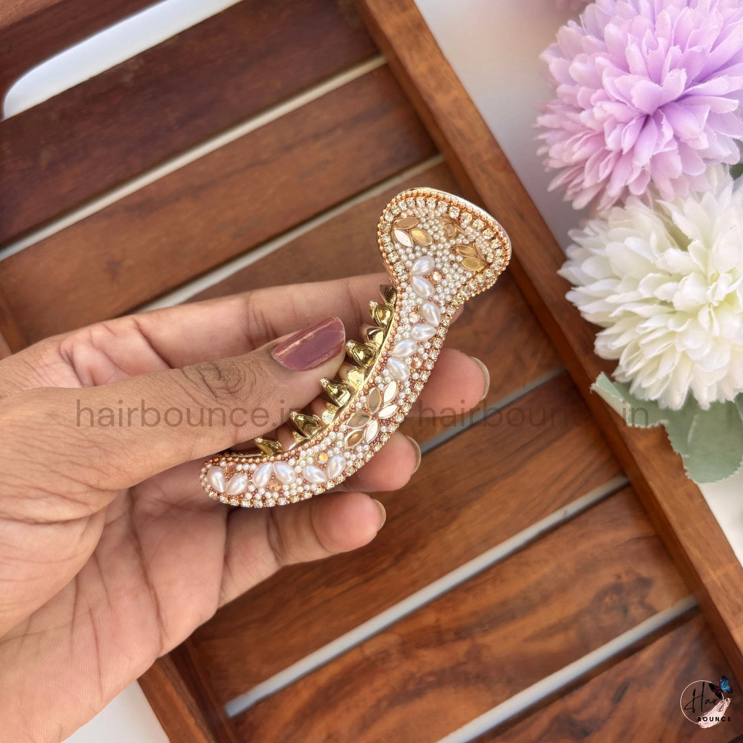 Royal Pearl & Crystal Curved Hair Claw – Luxury Designer Banana Hair Clip