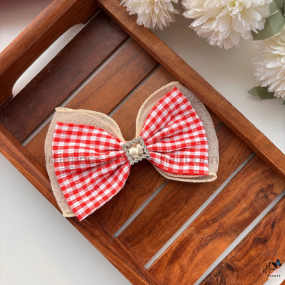 Pastel Gingham Bow Hair Clip with Pearl Frame