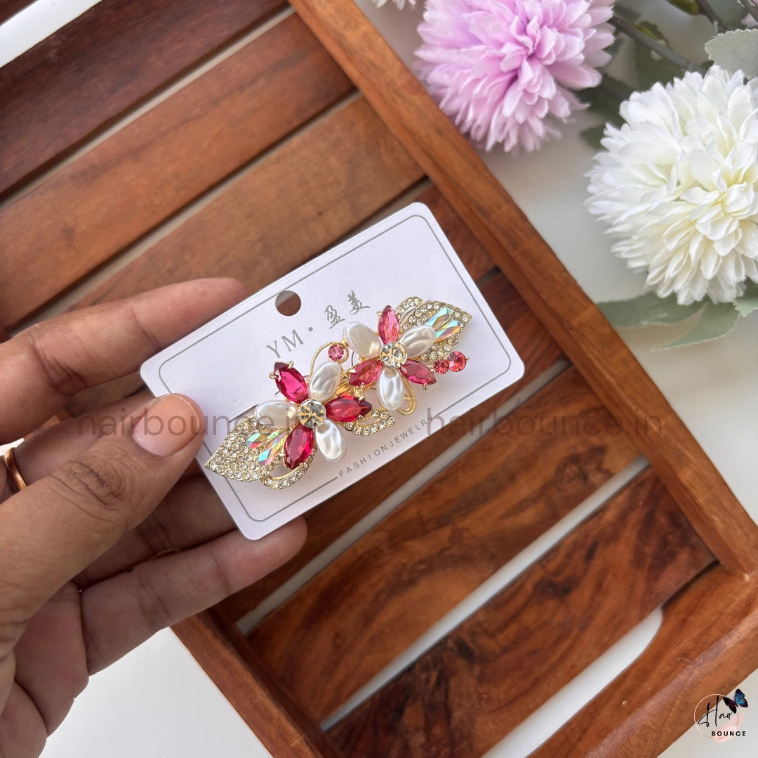 Elegant Pearl Blossom Hair Barrette – Crystal Floral Designer Clip