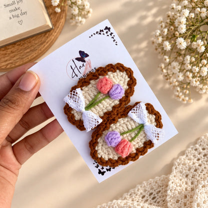 Premium Handmade Crochet Twin Tulip & Bow Tic Tac Hair Clips – Pack of 2