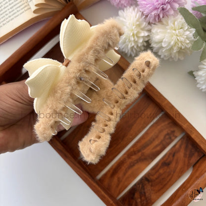 Fluffy Fur Loop Hair Claw with Bow - Large