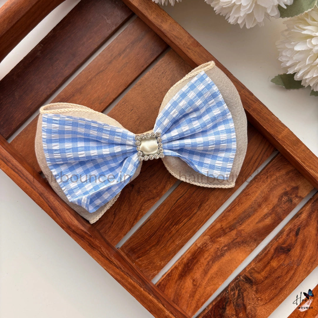 Pastel Gingham Bow Hair Clip with Pearl Frame