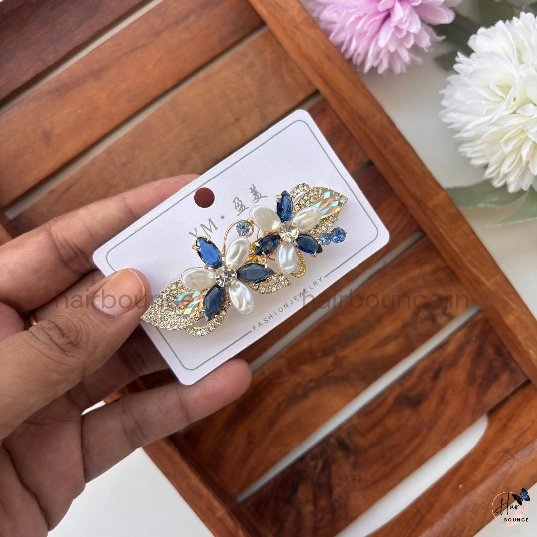 Elegant Pearl Blossom Hair Barrette – Crystal Floral Designer Clip