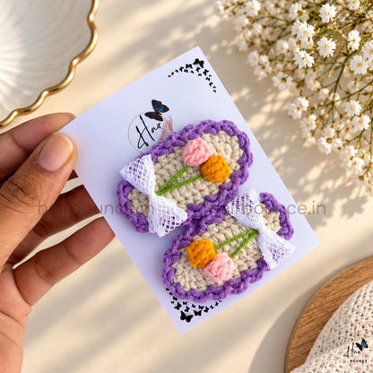 Premium Handmade Crochet Twin Tulip & Bow Tic Tac Hair Clips – Pack of 2
