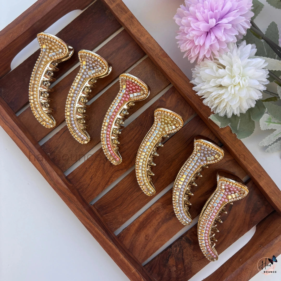 Royal Pearl Beaded Curved Hair Claw – Premium Designer Banana Hair Clip