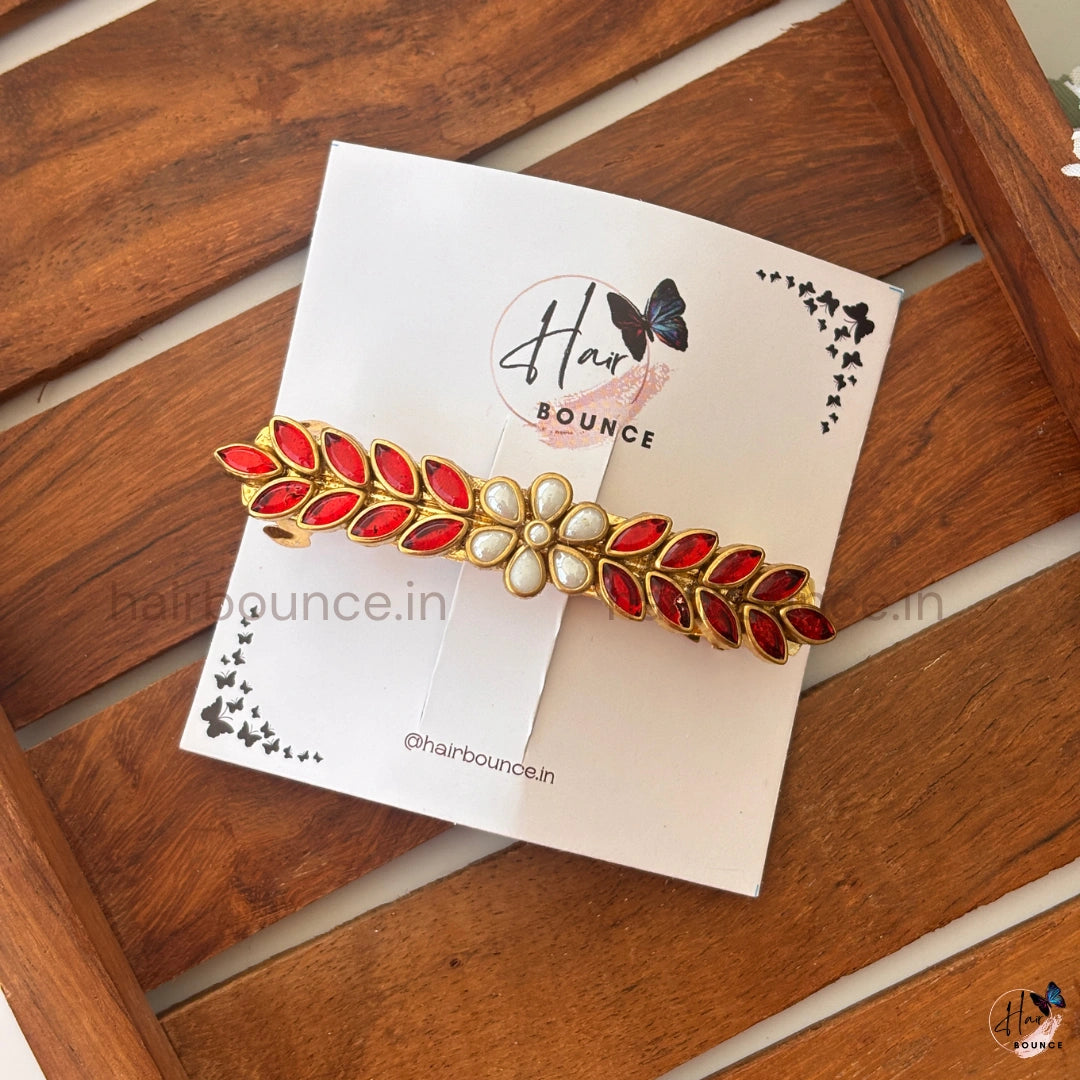 Ruby Leaf Kundan Hair Clip