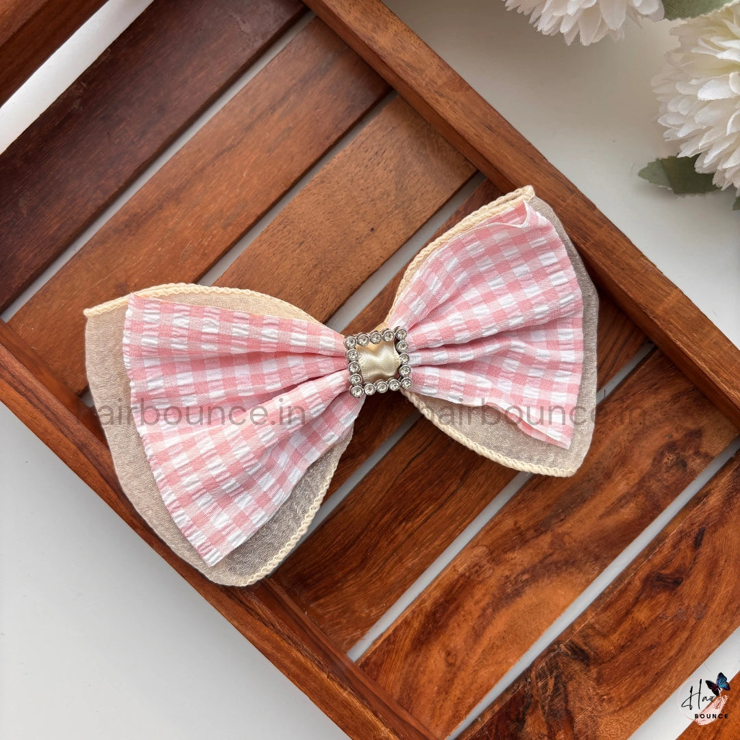 Pastel Gingham Bow Hair Clip with Pearl Frame