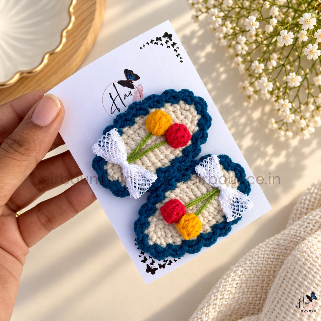 Premium Handmade Crochet Twin Tulip & Bow Tic Tac Hair Clips – Pack of 2