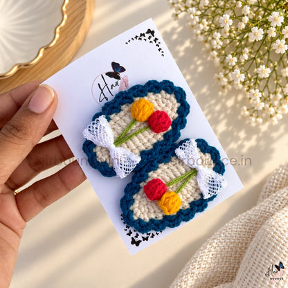 Premium Handmade Crochet Twin Tulip & Bow Tic Tac Hair Clips – Pack of 2
