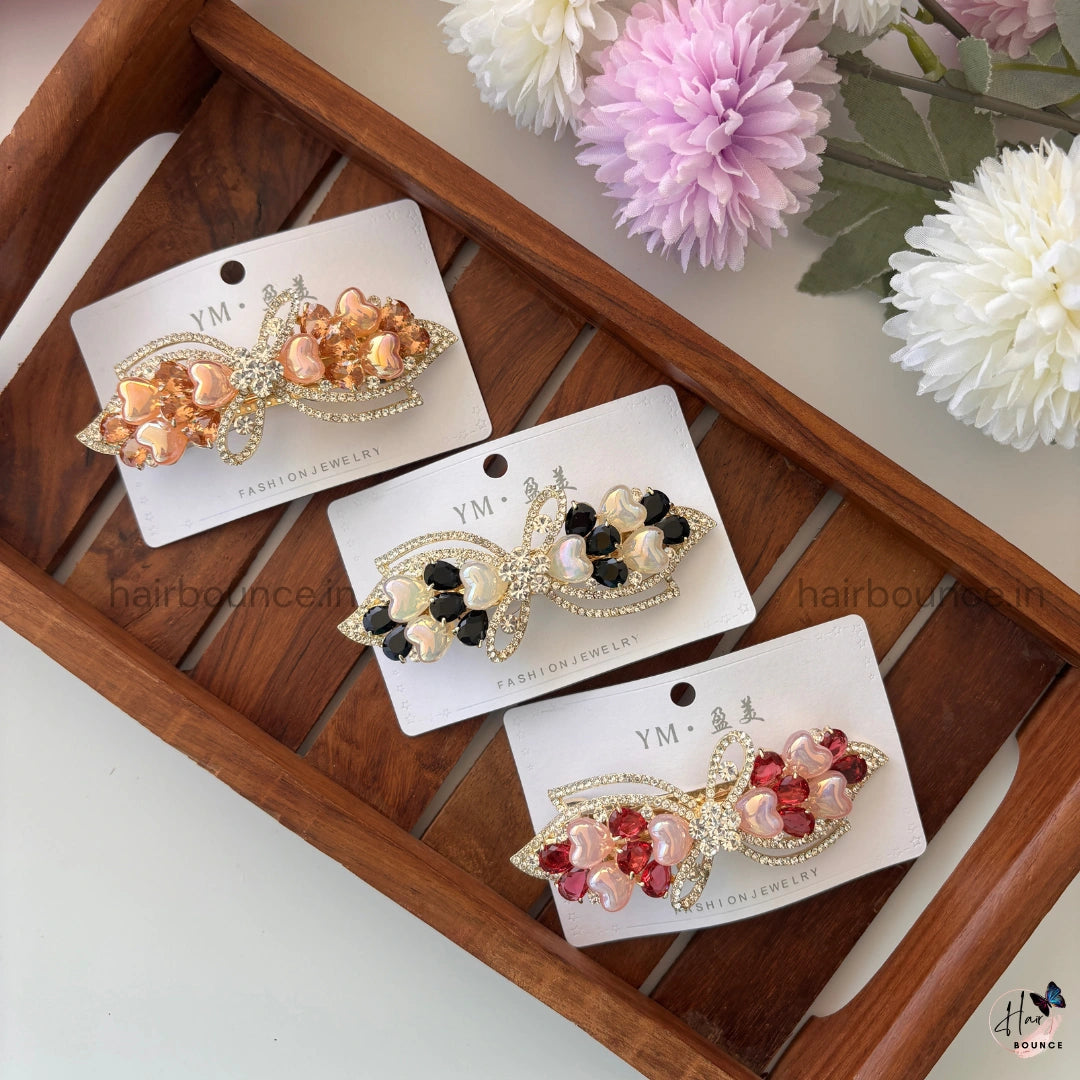 Heart Petal Bow Crystal Bar Clip