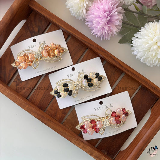 Heart Petal Bow Crystal Bar Clip