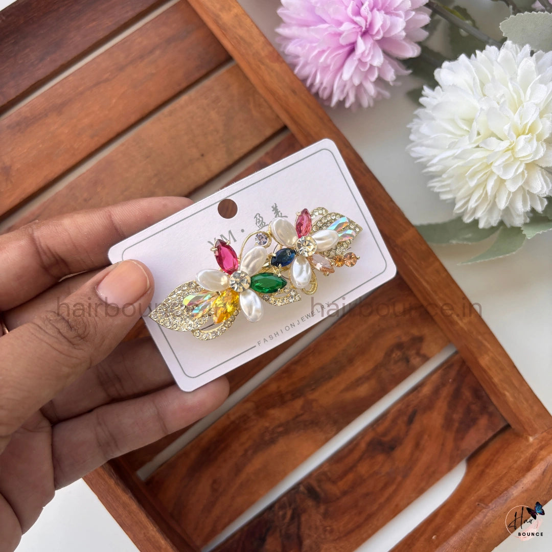 Elegant Pearl Blossom Hair Barrette – Crystal Floral Designer Clip