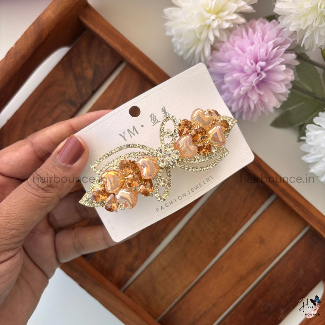 Heart Petal Bow Crystal Bar Clip