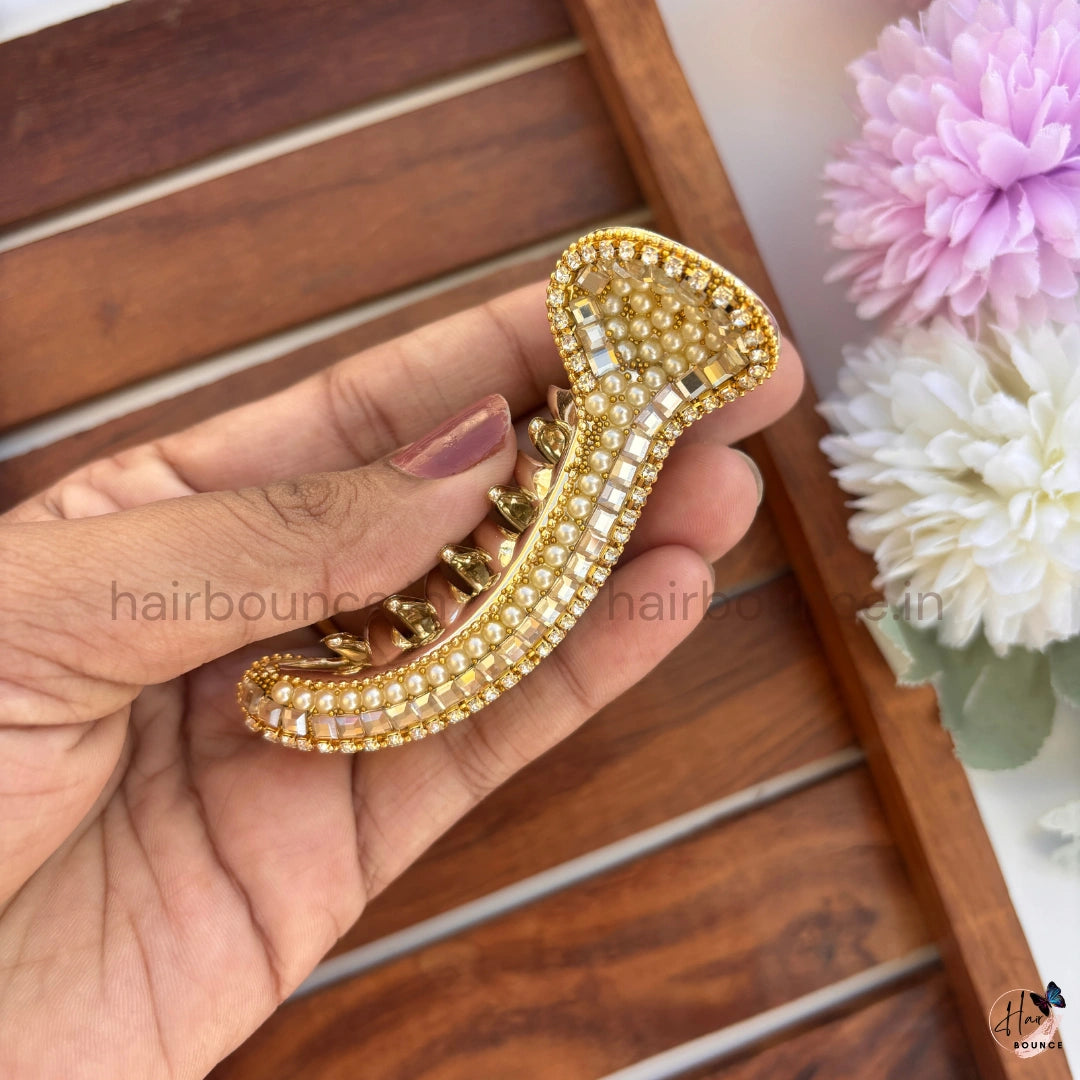 Royal Pearl Beaded Curved Hair Claw – Premium Designer Banana Hair Clip