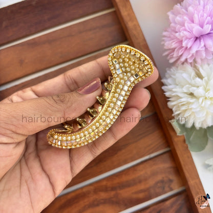 Royal Pearl Beaded Curved Hair Claw – Premium Designer Banana Hair Clip