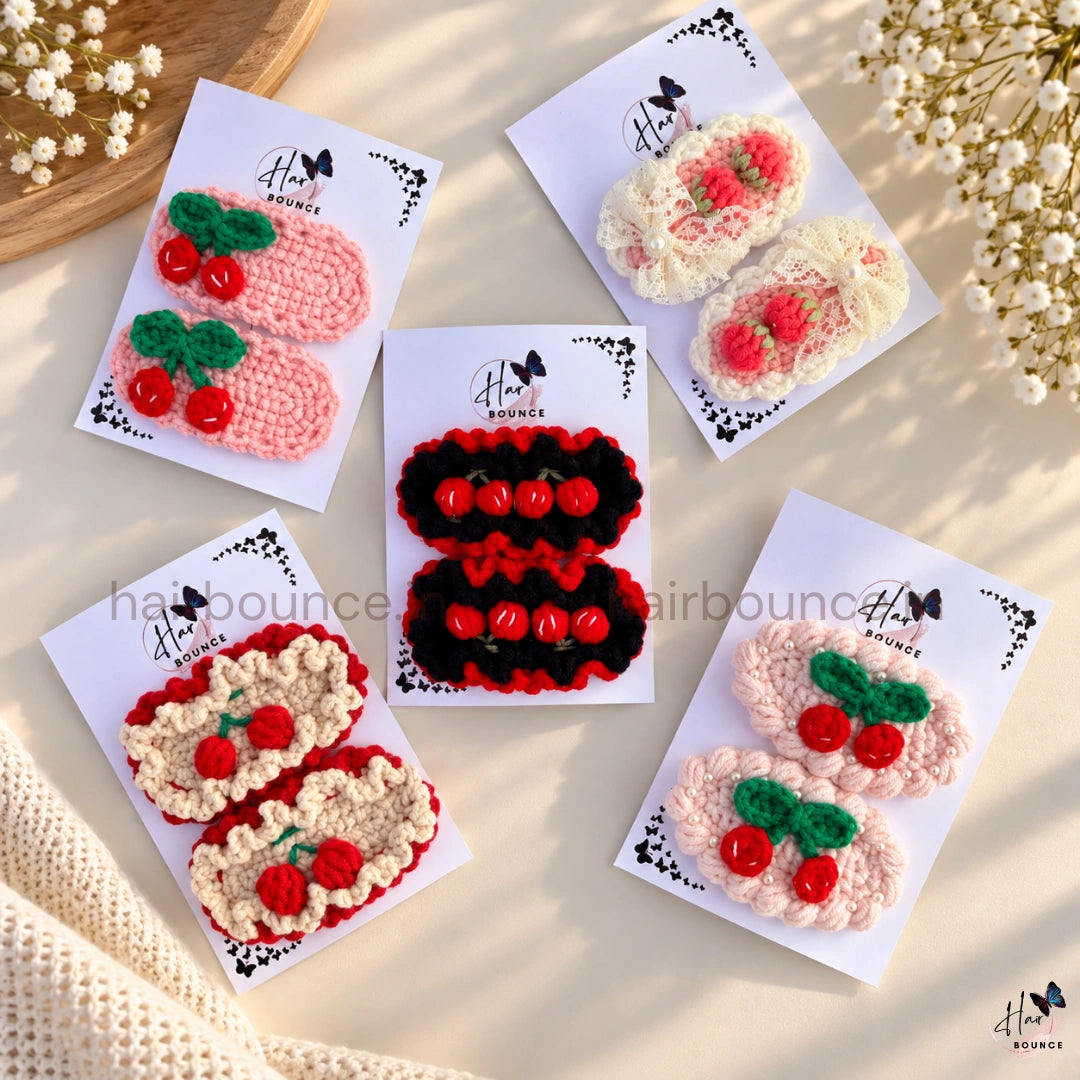 Premium Handmade Crochet Cherry & Floral Tic Tac Hair Clips – Pack of 2