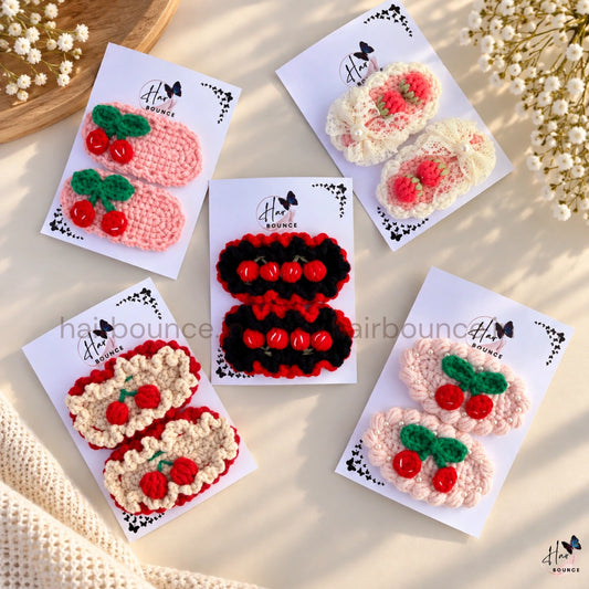 Premium Handmade Crochet Cherry & Floral Tic Tac Hair Clips – Pack of 2