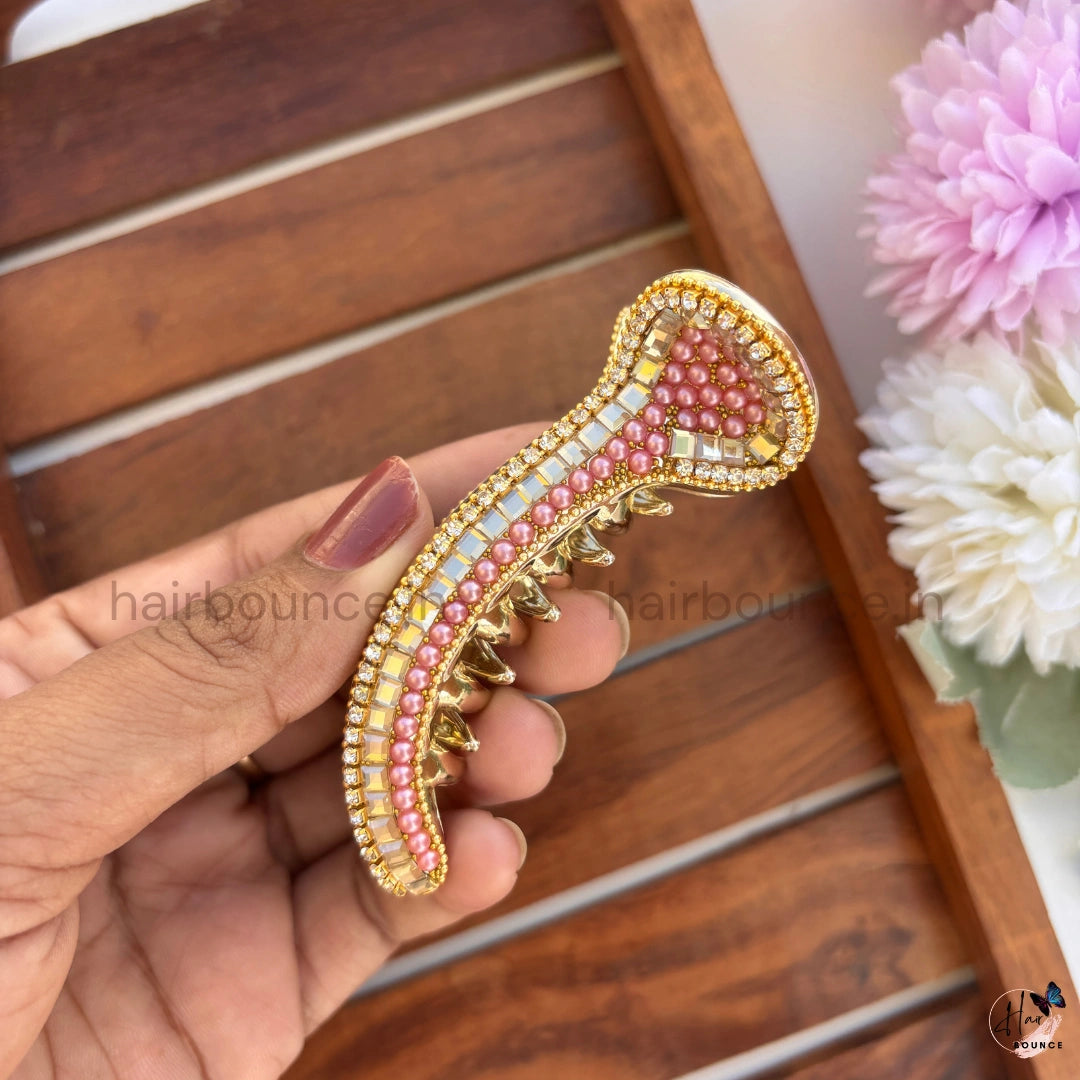 Royal Pearl Beaded Curved Hair Claw – Premium Designer Banana Hair Clip
