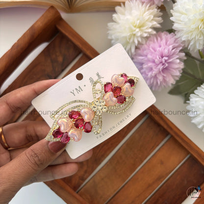 Heart Petal Bow Crystal Bar Clip