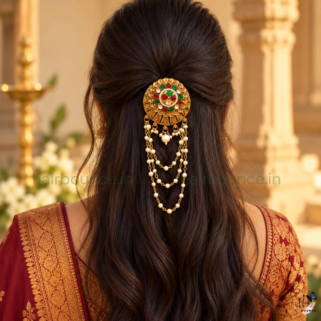 Royal Chakra Antique Gold Jada Billa with Pearl Hangings – 2 Styles