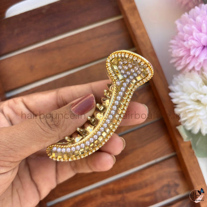 Royal Pearl Beaded Curved Hair Claw – Premium Designer Banana Hair Clip