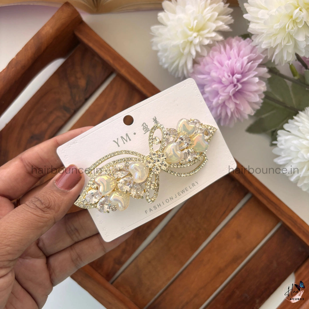 Heart Petal Bow Crystal Bar Clip