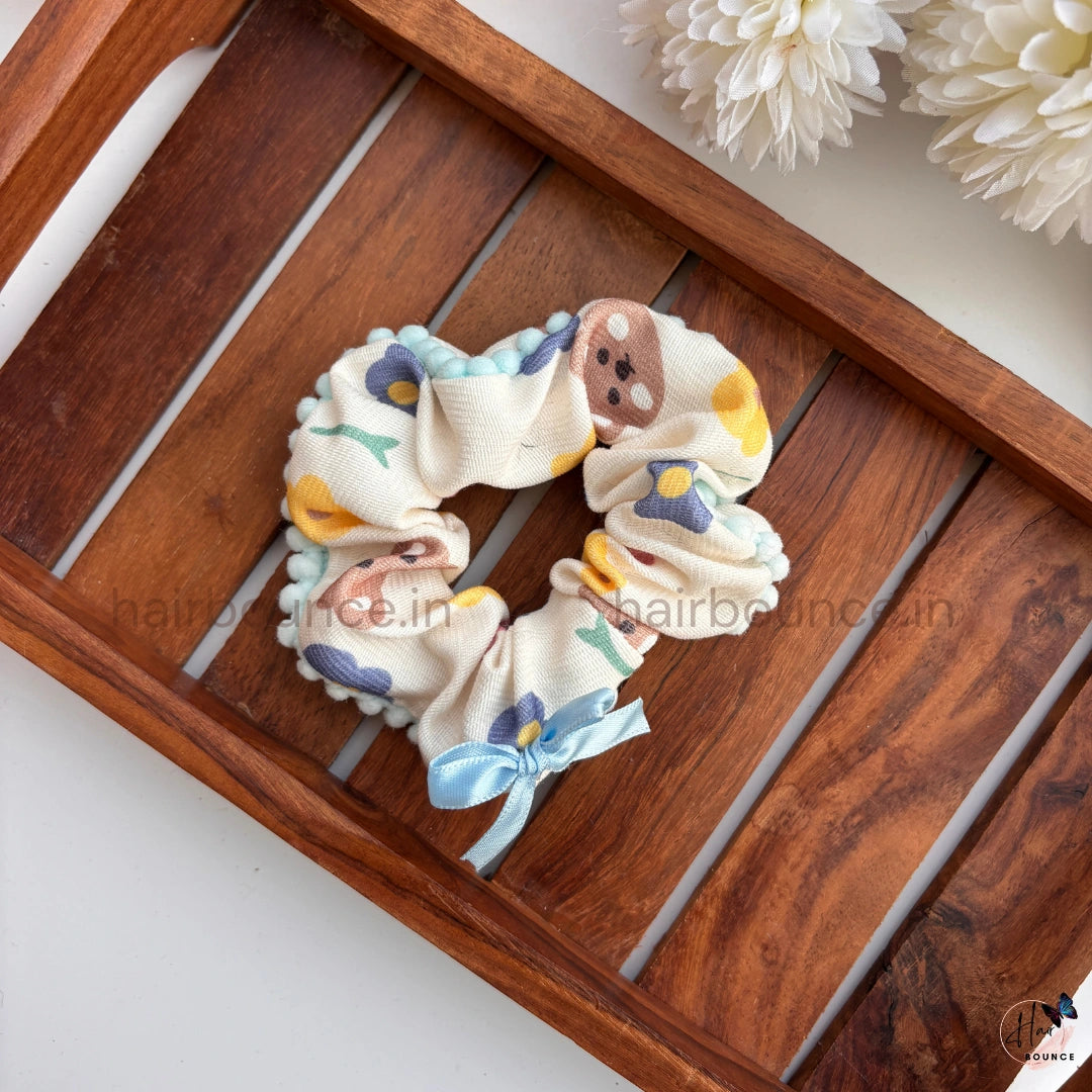 Pastel Printed Pom-Pom Scrunchie Hair Tie