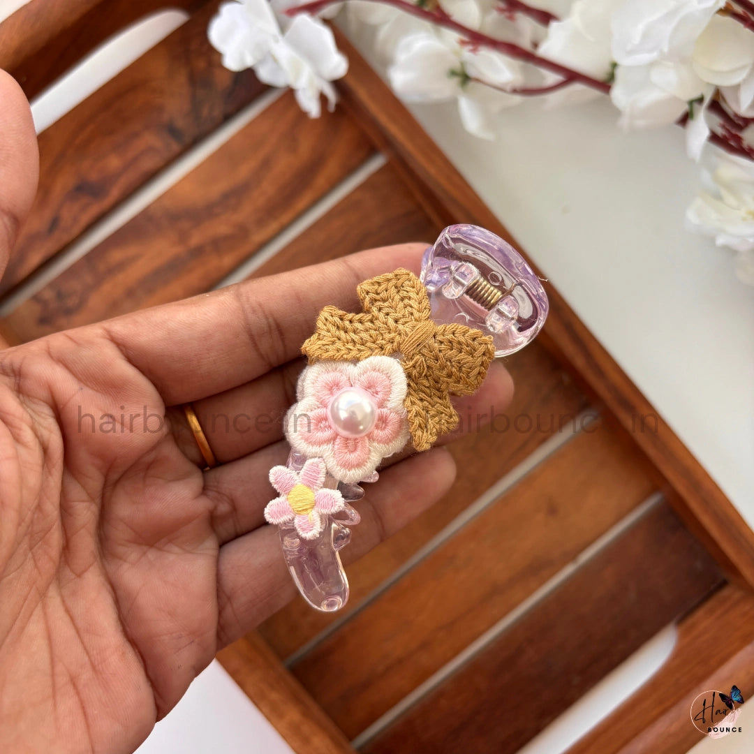 Crochet Floral Bow Banana Clip – Medium
