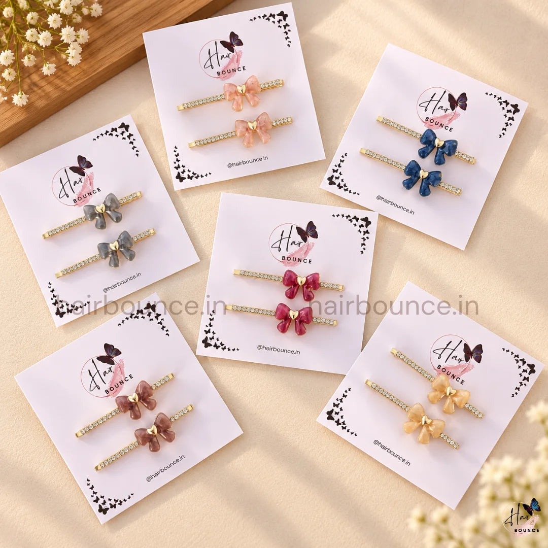 Crystal Bow Hair Pins with Heart Detail – Pack of 2