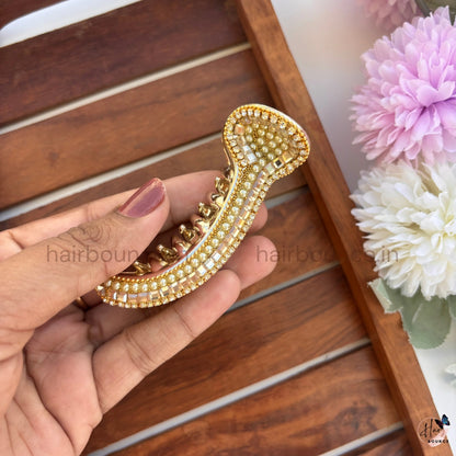 Royal Pearl Beaded Curved Hair Claw – Premium Designer Banana Hair Clip