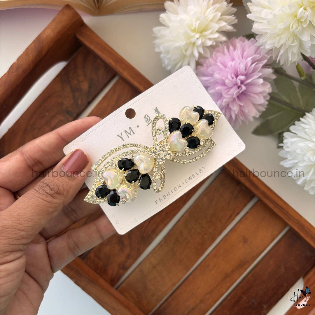 Heart Petal Bow Crystal Bar Clip