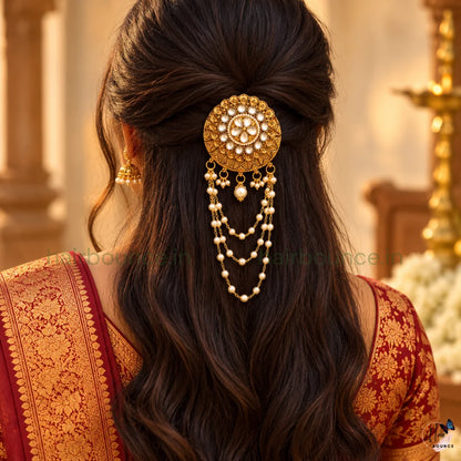 Royal Chakra Antique Gold Jada Billa with Pearl Hangings – 2 Styles