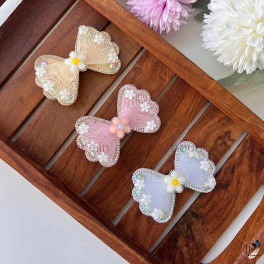 Pastel Mesh Bow Hair Clip with Floral Embellishments