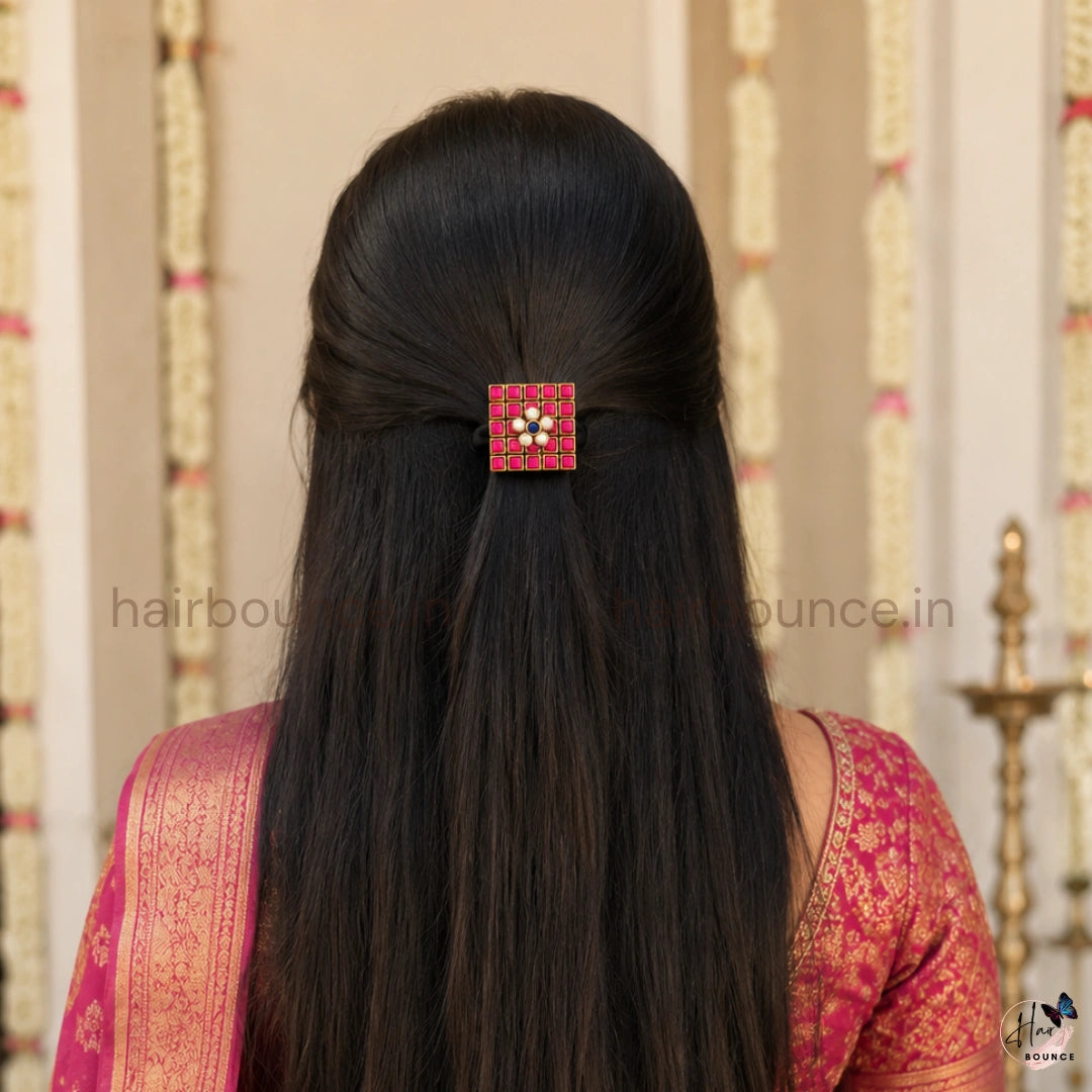 Antique Kundan Pearl Floral Hair Rubber Band