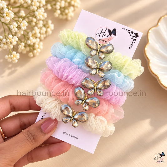 Crystal Butterfly Organza Scrunchie – Premium Pastel Hair Tie