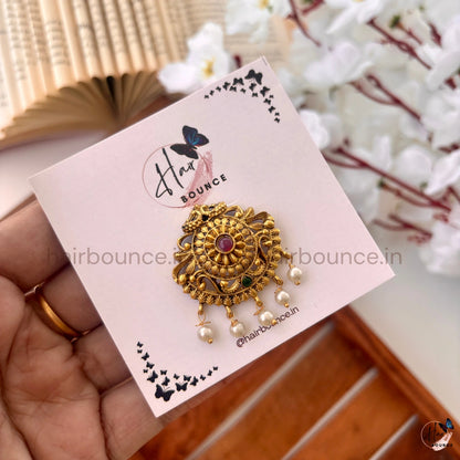 Antique Gold Kemp Peacock Jada Billa with Pearl Hangings