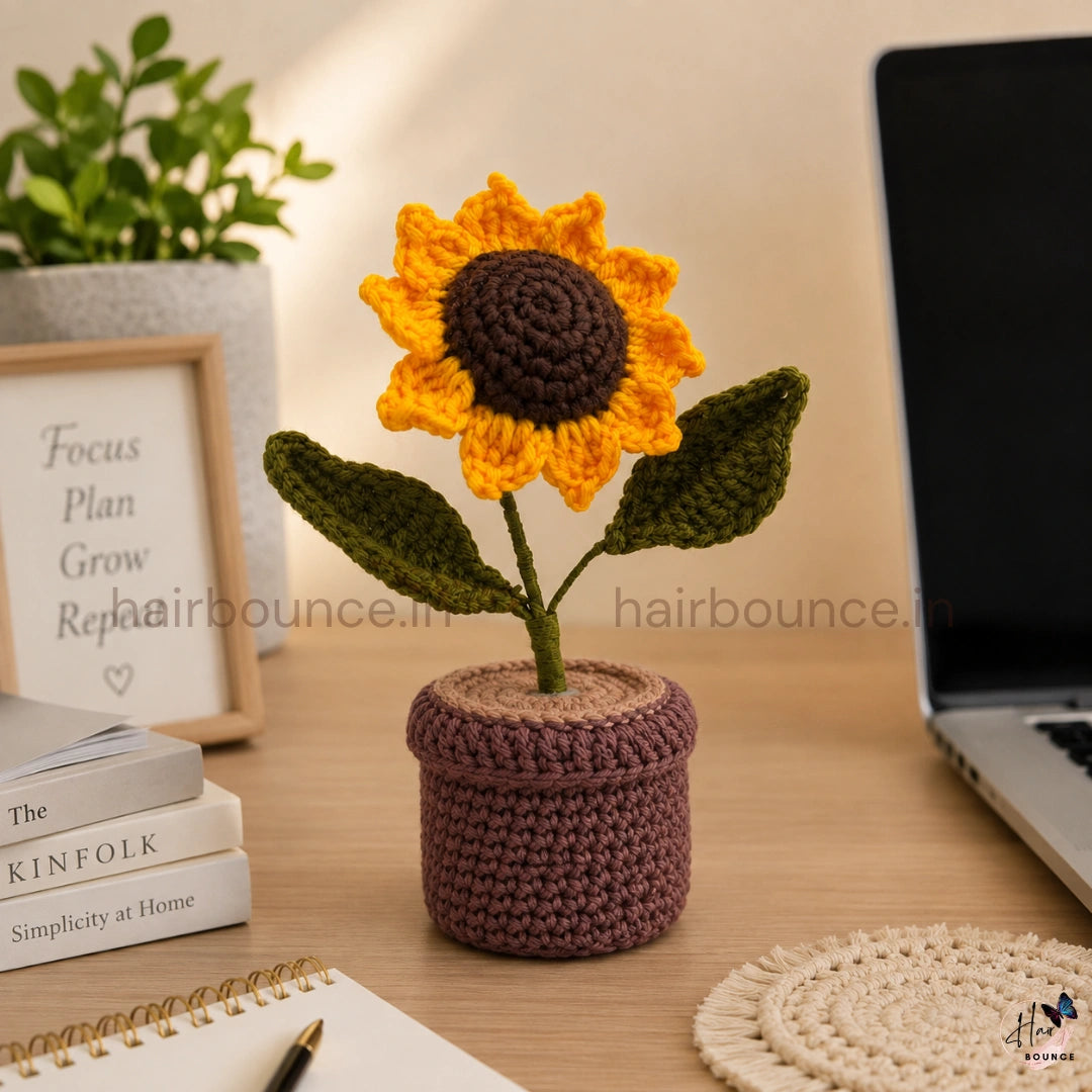 Handmade Crochet Flower Pot Collection | Knitted Sunflower & Tulip Desk Decor | Handmade Home & Office Decoration