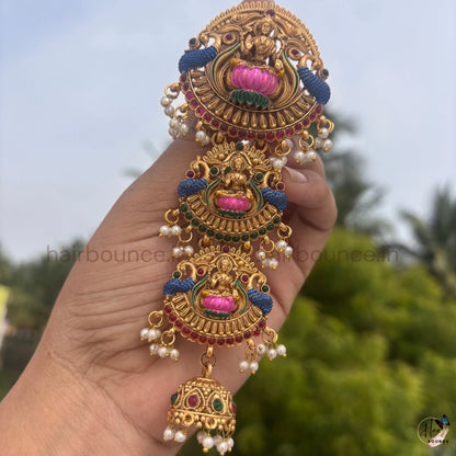Mahalakshmi Peacock Temple Jada Billa – Antique Gold Bridal Hair Accessory with Kemp Stones & Jhumka
