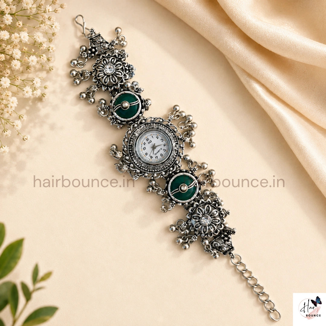 Oxidised Silver Green Stone Ghungroo Traditional Jewellery Watch