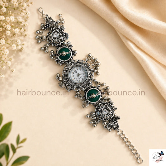 Oxidised Silver Green Stone Ghungroo Traditional Jewellery Watch
