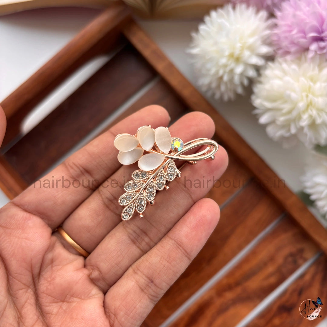 Rose Gold Premium Pearl Leaf Metal Hair Claw – Medium