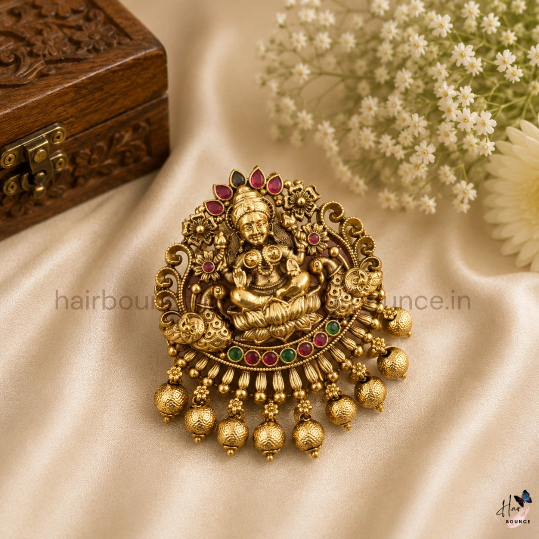 Antique Lakshmi Peacock Jada Billa with Kemp Stones & Gold Beads