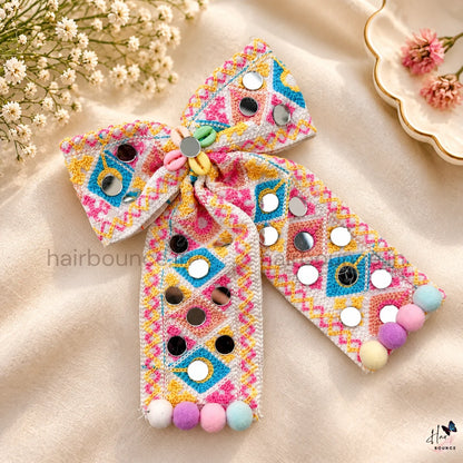 Navaratri Mirror Work Embroidered Hair Bow with Pom Poms