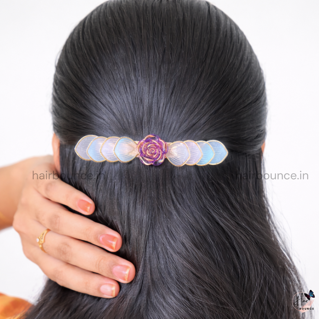Lavender Rose Pearl Leaf Barrette Hair Clip