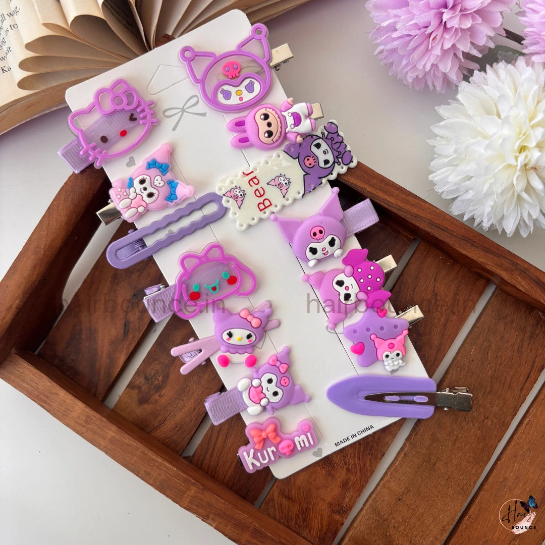 Ultimate Kawaii Cartoon Hair Clip Combo – 14 Pieces / Purple Mix
