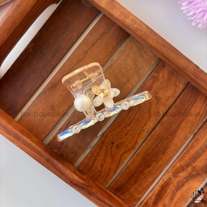 T- Shape Pearl Blossom Crystal Hair Claw - Large